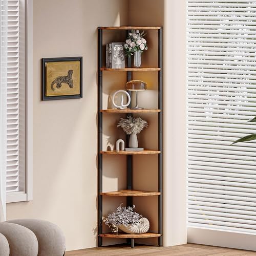 6 Tier Corner Shelf , Tall Corner Shelves stand Ladder Shelf Rustic Brown