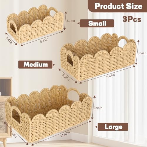 Hand Woven Paper Rope Scalloped Edge Decor Baskets for Home,Living Room, Bedroom,Storage over Above Behind Flush Tank,To