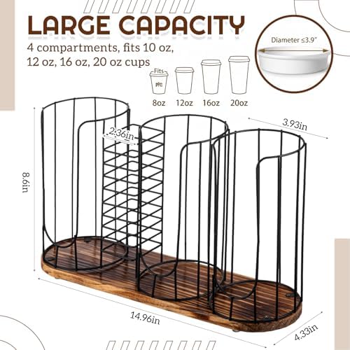 Geelin 18oz Adjustable Coffee Cup Dispenser with Wooden Base, Cup and Lid Holder, Cups Holder Organizer for Coffee Pod S