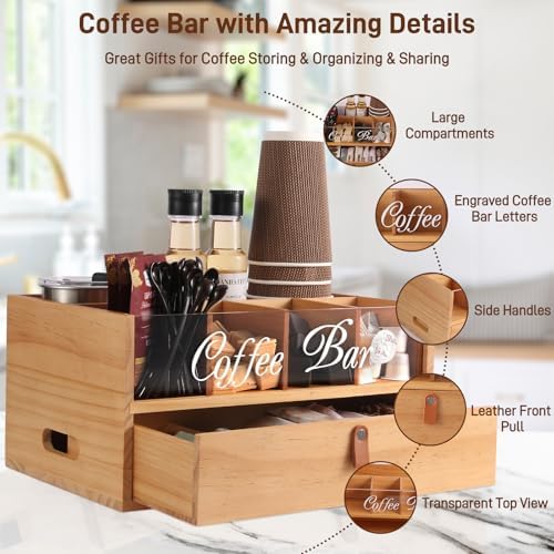2-Tier Coffee Bar Organizer with Clear Acrylic Top, Built-in Drawer and Leather Handle Pull for Countertop, Stylish Coff