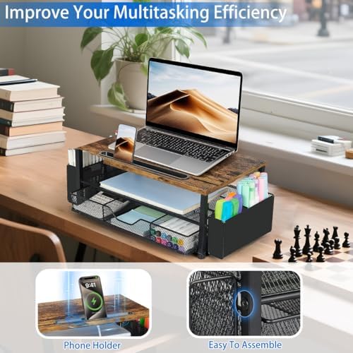 AUPSEN Wood Desk Organizers and Accessories, 2-Tier Computer Monitor Stand Riser with Drawer, Pen Storage & Phone Holder