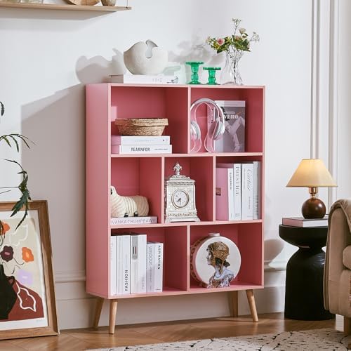 LEYAOYAO Cube Bookshelf, Mid-Century Modern Book Shelf with Legs,Light Pink