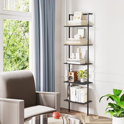 5-Tier Wall Mounted Ladder Shelf, Black, 64.7" H
