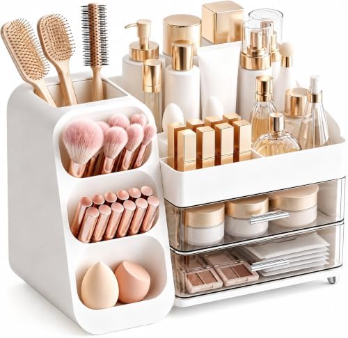 Makeup Organizer for Vanity - Large Skincare Organizers Countertop, Cosmetic Organizer with Brush Holder and 2 Drawer, M