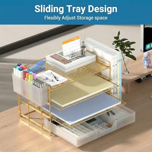 ECOLOVI Desk Organizer, 4-Tier Paper Organizer Letter Tray with File Holder, Drawer and 2 Pen Holders, Desktop File Organizer for Office Supplies, Workspace Storage, Gold