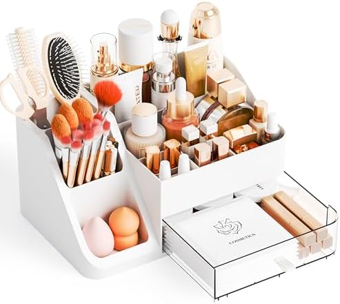 Yieach White Makeup Organizer Countertop,Large Cosmetics Storage Organizer for Make up Brush,Hair Products and Beauty Sk
