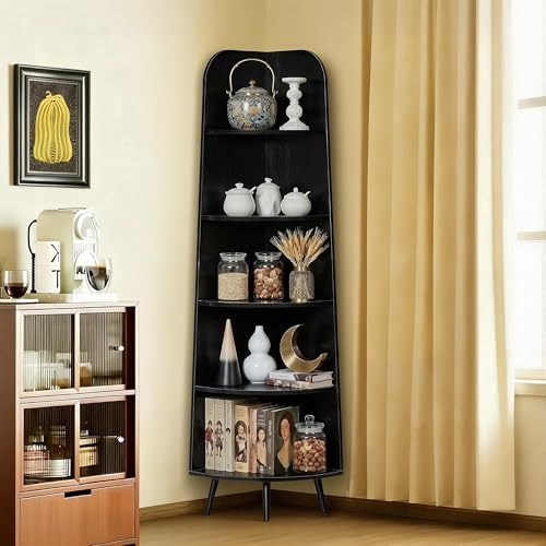 VECELO 5-Tier Curved Corner Shelf, 66.93" Tall Display Rack, Black