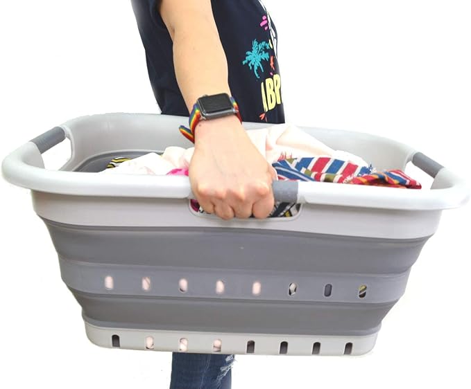 SAMMART 41L Collapsible 3 Handled Plastic Laundry Basket - Foldable Pop Up Storage Container/Organizer - Portable Basket - Space Saving Hamper/Basket (3 handled rectangular, Grey/Dark Grey)