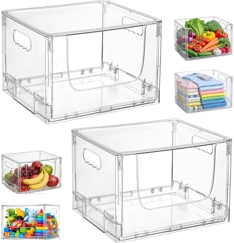 ANUMITRA 2 Pack Large Foldable Open Front Storage Bins with Lids, Stackable Clear Plastic Container Organizer for Pantry