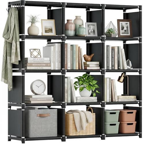 Mavivegue Book Shelf, 12 Cube Storage Organizer, DIY Bookcase, Metal Bookshelf,Tall Book case for Bedroom, Living Room,O