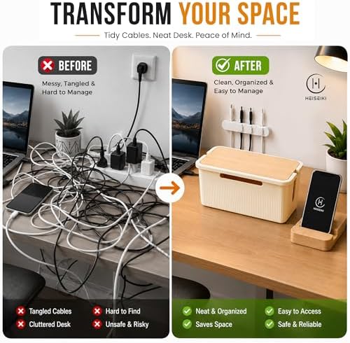 Cable Management Box, Cord Organizer, Pine Wood Lid, Cream White