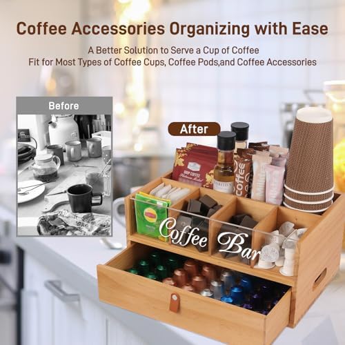 2-Tier Coffee Bar Organizer with Clear Acrylic Top, Built-in Drawer and Leather Handle Pull for Countertop, Stylish Coff