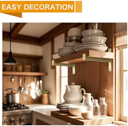 EZYDECOR 6 Pack Heavy Duty Shelf Brackets with Lip 8 Inch Gold