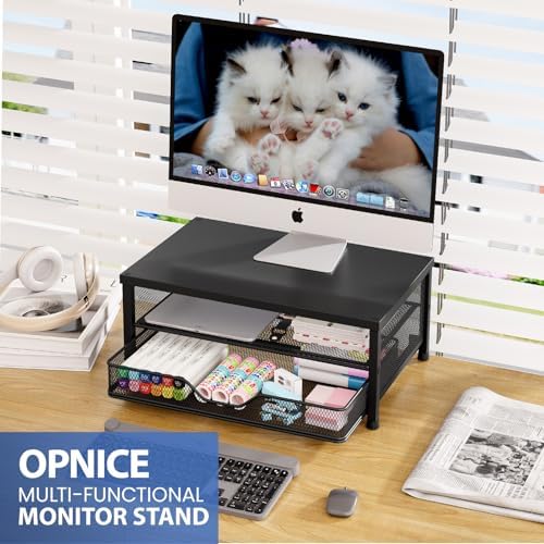 OPNICE Computer Monitor Stand Riser, Desk Organizer with Drawer, Printer & Laptop Stand, Office Desk Accessories & Works