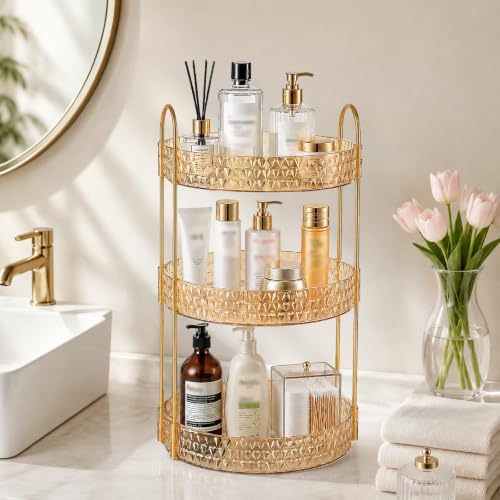 Large Capacity Rotating Makeup Organizer Perfume Stand Holder, 3 Tier Gold