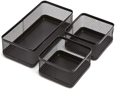 1InTheOffice Desk Baskets and Organizers Tray, Black Mesh Tray, Black Wire Mesh, 3-Compartment Stackable