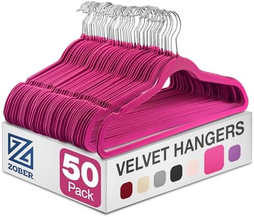 Zober Velvet Hangers 50 Pack - Heavy Duty Pink Hangers for Coats, Pants & Dress Clothes - Non Slip Clothes Hanger Set - Space Saving Felt Hangers for Clothing
