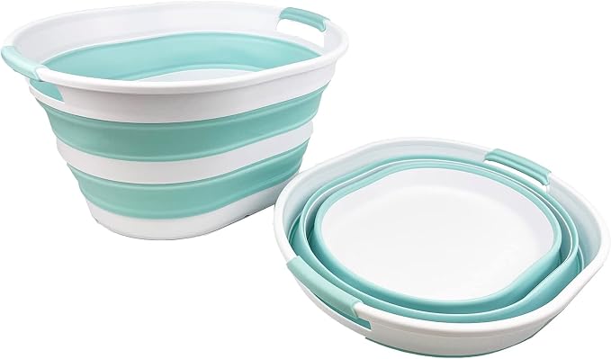 SAMMART 23L (6 Gallons) Collapsible Plastic Laundry Basket - Oval Tub/Basket - Foldable Storage Container/Organizer - Portable Washing Tub (White/Lake Green (Set of 2))