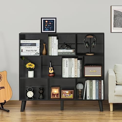 YAHARBO 10 Cube Bookshelf,3 Tier Bookcase with Legs,Black Mid-Century Modern Bookshelves,Large Free Standing Open Storag