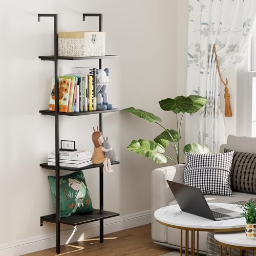Ladder Shelf 4 Tiers Metal Industrial Bookshelf,Black Wooden Tall Open Storage Rack and Display Shelves,Wall Mount Wide 