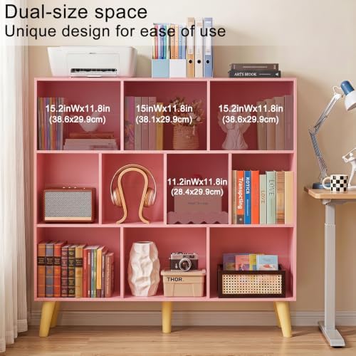 YAHARBO 10 Cube Bookshelf,3 Tier Bookcase with Legs,Light Pink Mid-Century Modern Bookshelves,Large Free Standing Open S
