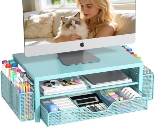 OPNICE Desk Organizers and Accessories, Computer Monitor Stand Riser with Drawer and 2 Pen Holders, Printer & Laptop Sta