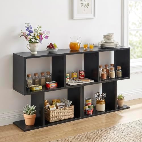 Tangkula 2 Tier Geometric Bookshelf, Freestanding Wood Display Shelf, Home Office Room Divider S Shaped Open Bookcase, S