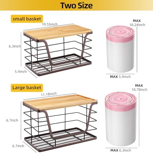 ALOCEO 2 Pack Stackable Wire Storage Basket with Bamboo Lid, Trash Bag Dispenser Under Sink for 4-13 Gal Bags, Kitchen S