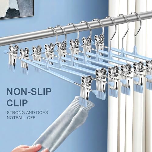 POZEAN Pants Hangers with Clips for Women 50 Pack, 12Inch Adjustable Heavy Duty Skirt Hangers, Space Saving Non-Slip Shorts Jeans Trousers Clothes Hangers, Blue