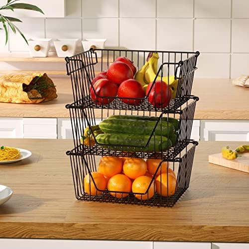 Slideep 14'' Black Stackable Storage Baskets Sturdy Metal Wire Freezer Bins Cabinet Organizer for Pantry Home Kitchen Or