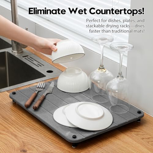 Razborci Stone Dish Drying Mat for Kitchen Counter, Water Absorbing Bathroom Tray Sink Organizer, Diatomaceous Earth Cou
