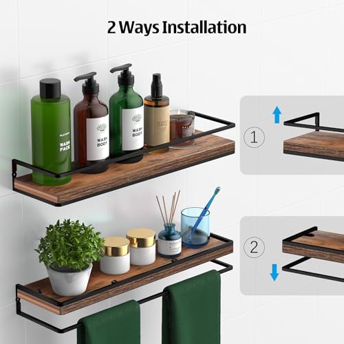 Meangood Floating Shelves Wall Mounted Set of 2, Rustic Wood Wall Storage Shelves for Bedroom,Living Room,Bathroom, Kitc