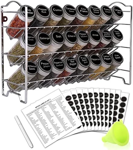SWOMMOLY Spice Rack Organizer with 24 Round Spice Jars, 396 Spice Labels
