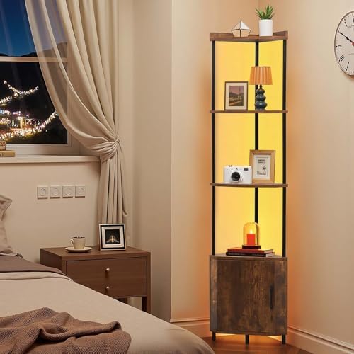 VEVOR 5 Tier Corner Shelf with LED Light, 65.4" Tall Corner Bookshelf with Storage Cabinet, Display Shelf with Multi-Col