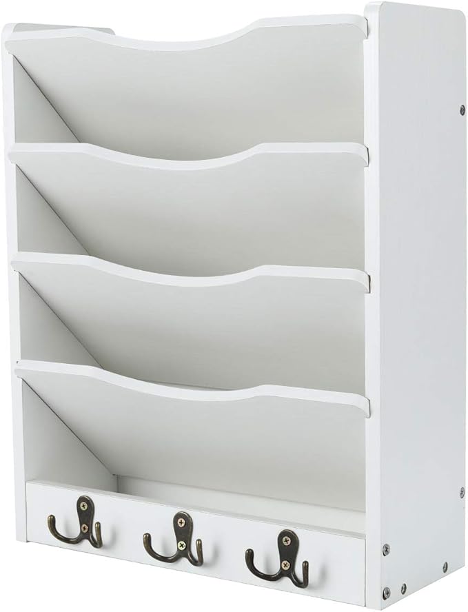 PAG 5-Tier Wall File Holder Hanging Mail Organizer Wood Magazine Literature Rack with 6 Hooks, White