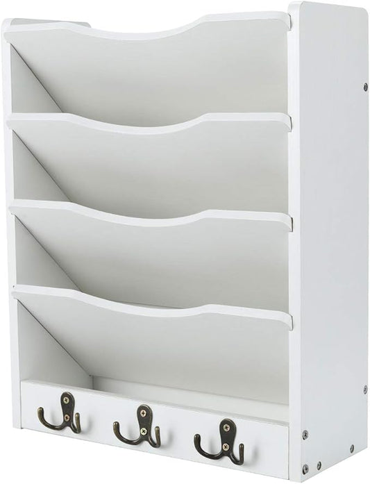 PAG 5-Tier Wall File Holder Hanging Mail Organizer Wood Magazine Literature Rack with 6 Hooks, White