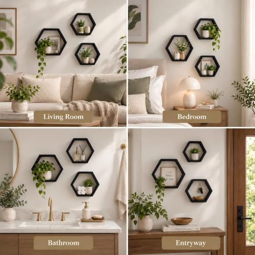 AHDECOR Wall Mounted Hexagon Floating Shelves, Wooden Wall Organizer Hanging Shelf for Home Decor, Set of 3, Black