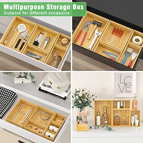 Bamboo Bathroom Drawer Organizer Dividers, Wooden Kitchen Utensil Holder Set of 5, Stackable Junk Drawer Organizer Tray,