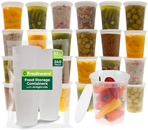 Freshware Food Storage Containers [240 Set] 32 oz Plastic Deli Containers with Lids, Slime, Soup, Meal Prep Containers | BPA Free | Stackable | Leakproof | Microwave/Dishwasher/Freezer Safe