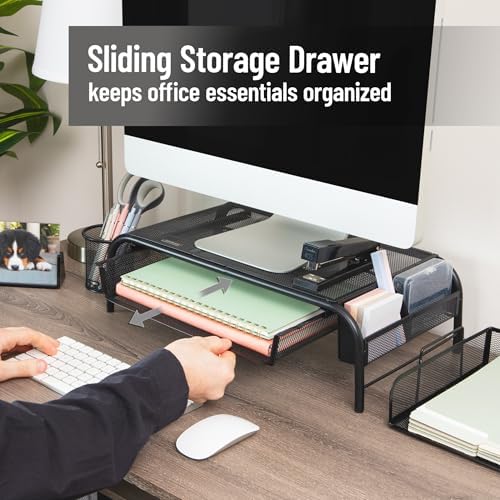 Mind Reader Monitor Stand, Ventilated Laptop Riser, Paper Tray, Storage, Office, Metal Mesh, 20"L x 11.5"W x 5.5"H, Blac