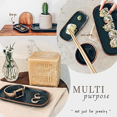 Mora Ceramic Decorative Tray - Rectangle 6.4in Dish for Jewelry, Perfume, Makeup, Accessories, Candle, in The Bathroom V
