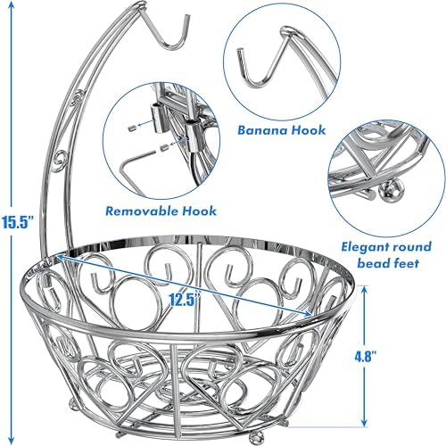 Simple Houseware Fruit Basket Bowl with Banana Tree Hanger, Chrome Finish