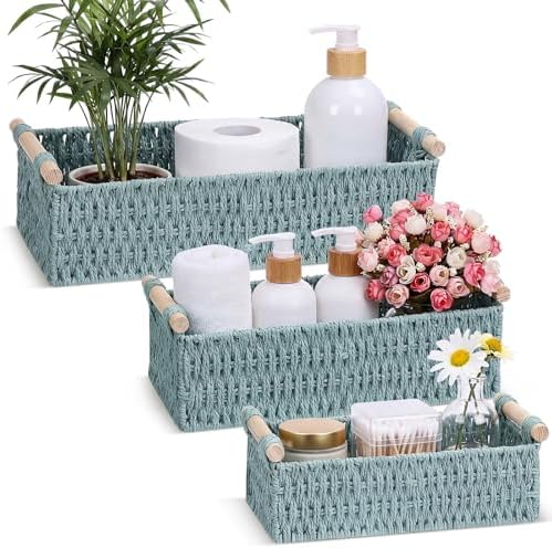 Boao 3 Pcs Boho Storage Wicker Baskets Handmade Woven Decorative Paper Rope Baskets for Organizing with Handle Counterto