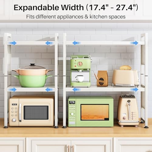 Expandable Microwave Stand, Heavy Duty 3-Tier Adjustable Microwave Oven Rack with 8 Hooks & 2 Holders, Space-saving Kitc