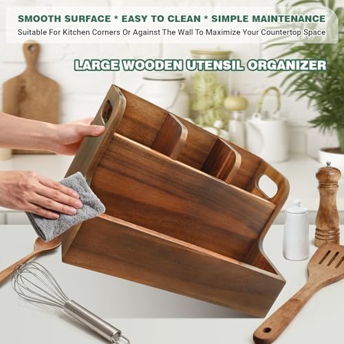 Kitchen Utensil Holder for Countertop with 4 Compartments Acacia Large Utensil Holder Wooden Storage for Cooking,Baking,