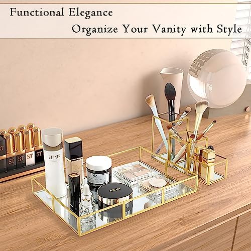 Gold Metal Frame and Glass Vanity Tray Set, Large Decorative Platform for Perfumes, Makeup Brushes, Jewelry Display, Off