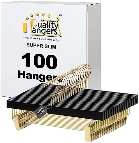 100 Luxury 14" Ultra Thin Space Saving Black Wooden Pant Skirt Hangers, 360 Degree Swivel Hook, Best for Suit, Coat, Shirt, Blouse, Dress Hangers with Gold Hook (Skirt/Pant, 100)