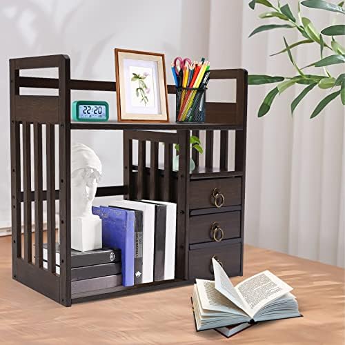 Bamboo Desk Book Shelf,Desktop Bookshelf Storage Rack Tabletop Standing Organizer Bookshelf with 3 Drawers,Freestanding 