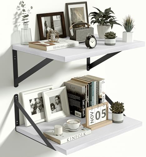 Heimlove 12 Inch Deep White Floating Shelves，Wooden Floating Shelves for Wall 16" W x 12" D Set of 2，Wall Mounted Shelves for Living Room, Bedroom, Kitchen, Bathroom and Decor Storage，Black Bracket
