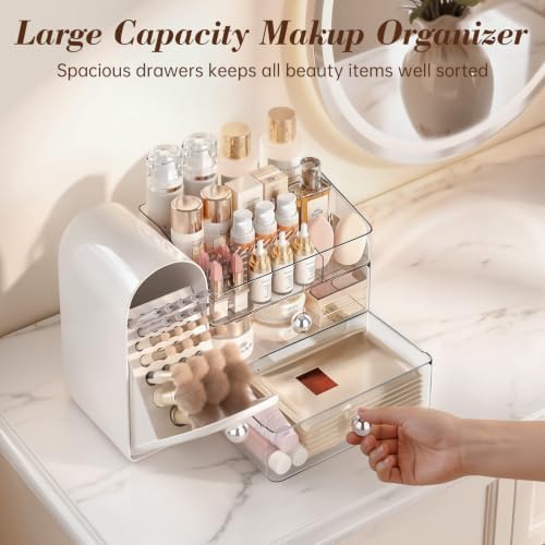Delamu Large Makeup Organizer for Vanity, Closed Makeup Brush Holder, White